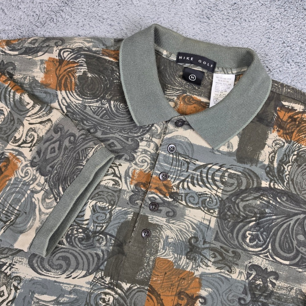 Vintage Nike Golf Polo Shirt Mens M Green Abstract AOP 90s Short Sleeve Cotton